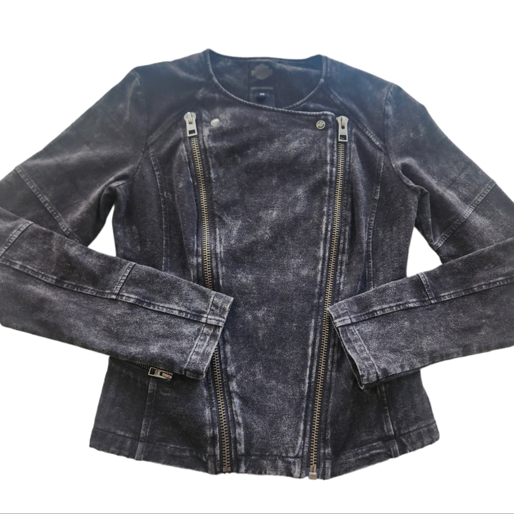 HARLEY-DAVIDSON Black Distressed Demin Look Biker  Jacket 97104 Women's …